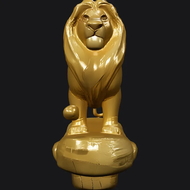 Golden lion statue on a rock. smooth edges, complex geometry, sharp edges.