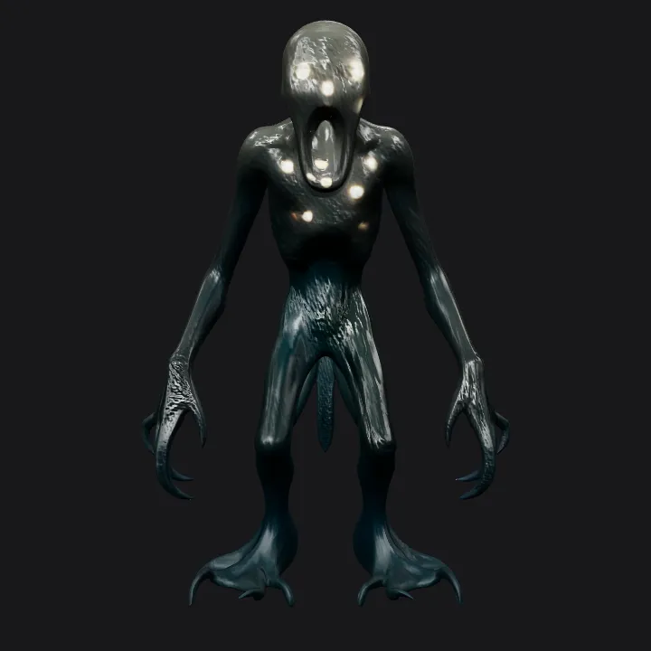 Glowing-eyed humanoid monster with elongated limbs. complex geometry, sharp edges, game-ready, character.