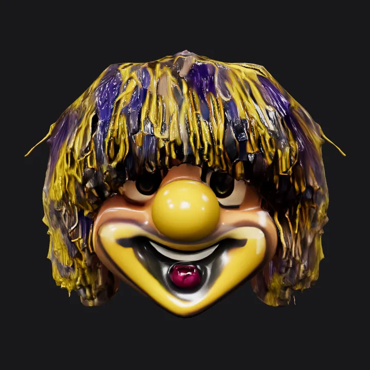 Clown face puppet with yellow yarn hair. smooth edges, simple geometry, game-ready, character, symmetric geometry.