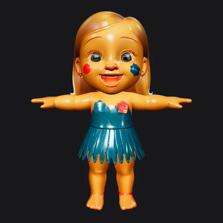 A doll wearing a blue dress. smooth edges, simple geometry, character, symmetric geometry.