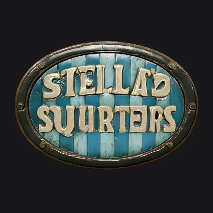 Wooden sign with Stella's Squirters text. smooth edges, simple geometry, game-ready, symmetric geometry.