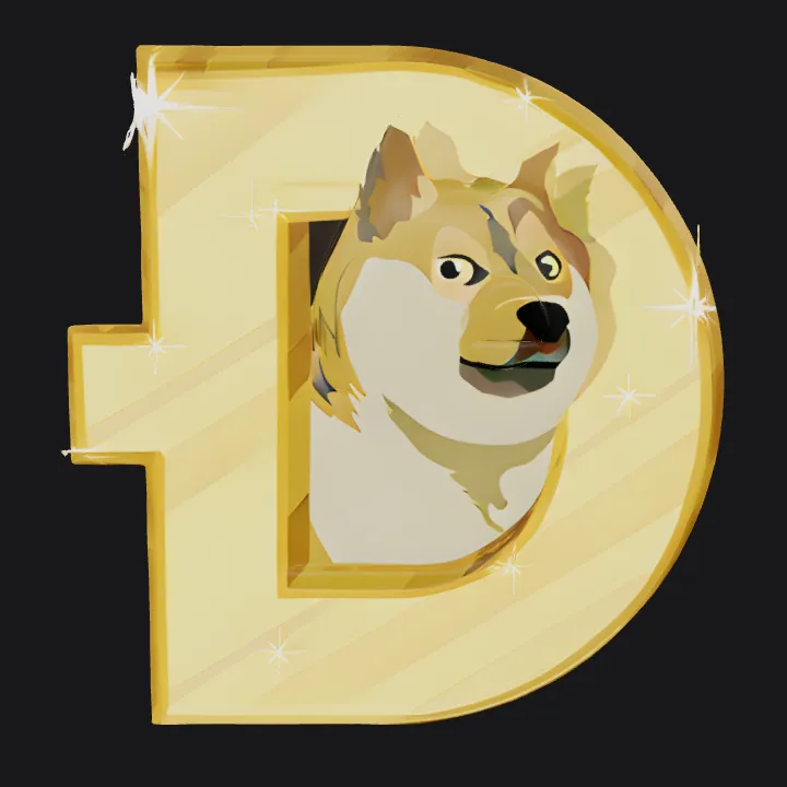 Doge logo inside a golden letter D. smooth edges, complex geometry, character.