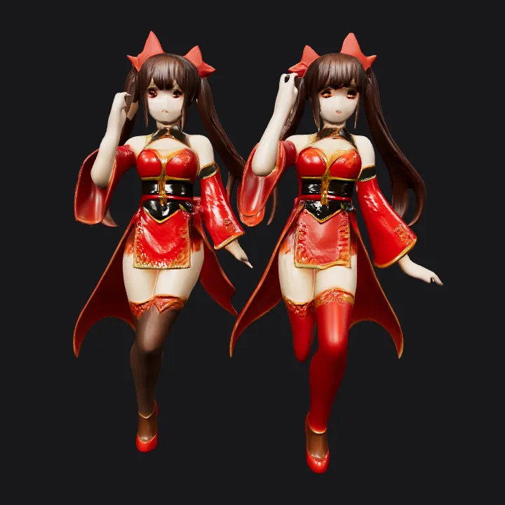 Anime-style female figurine in red outfit. smooth edges, complex geometry, game-ready, character.