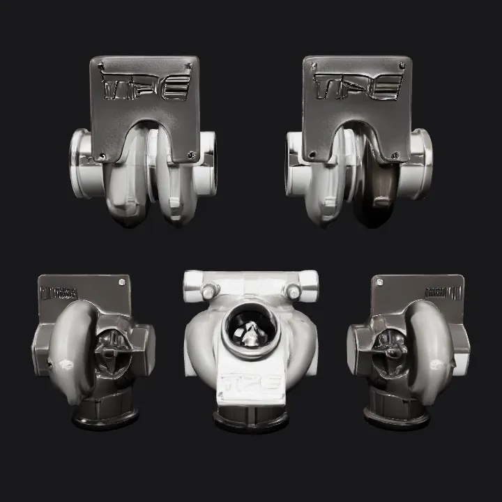 Automotive turbocharger mechanical part. sharp edges, complex geometry, game-ready, symmetric geometry.