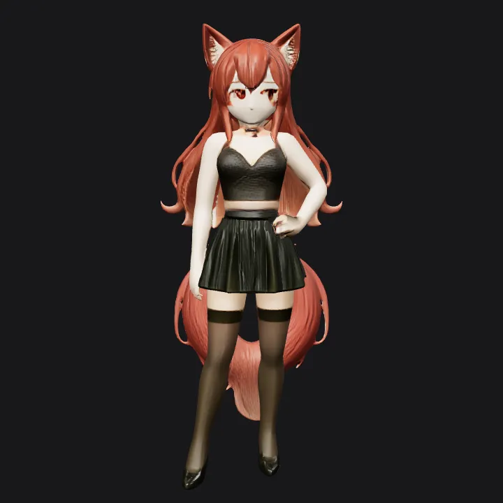 Anime girl with fox ears and tail. smooth edges, complex geometry, game-ready, character, symmetric geometry.