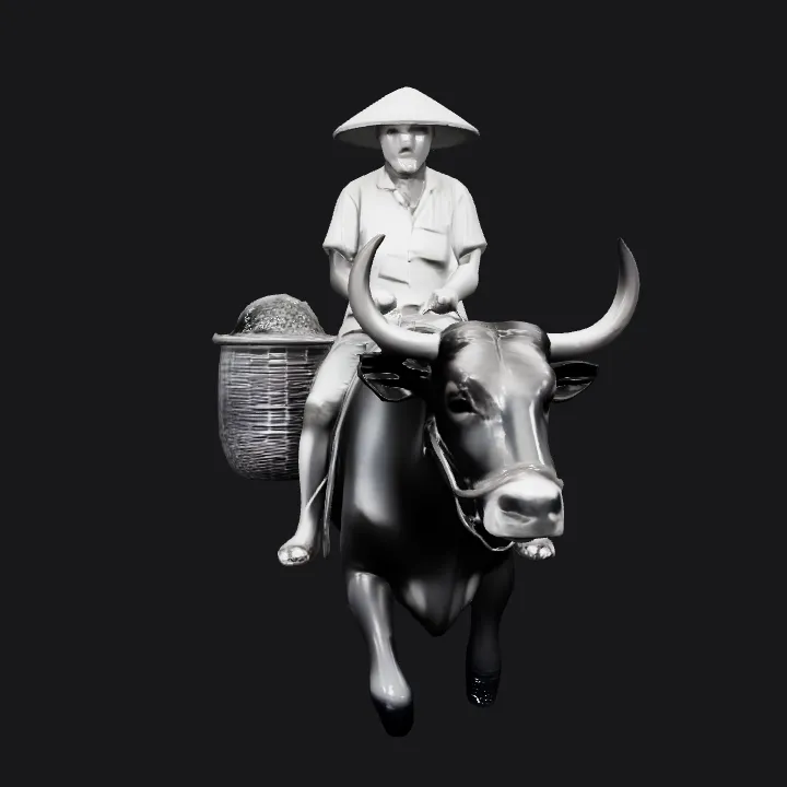 Person riding a water buffalo with basket. complex geometry, smooth edges, character.