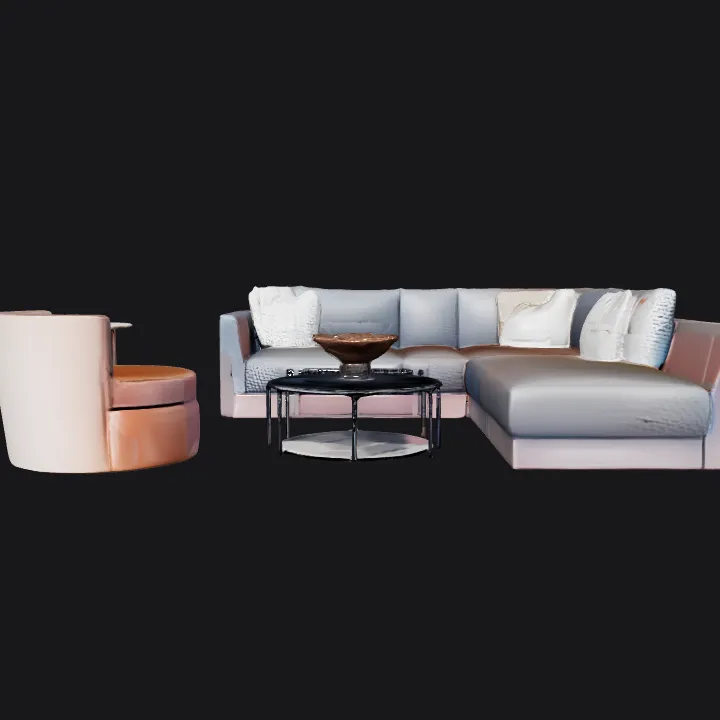 Modern living room with sofa and TV. smooth edges, complex geometry.