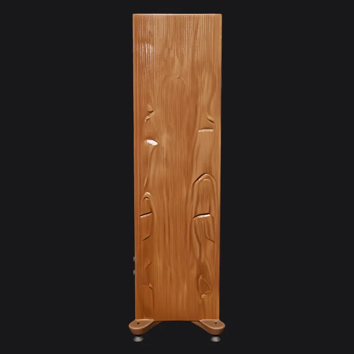 tall wooden speaker with three drivers. sharp edges, simple geometry, symmetric geometry.