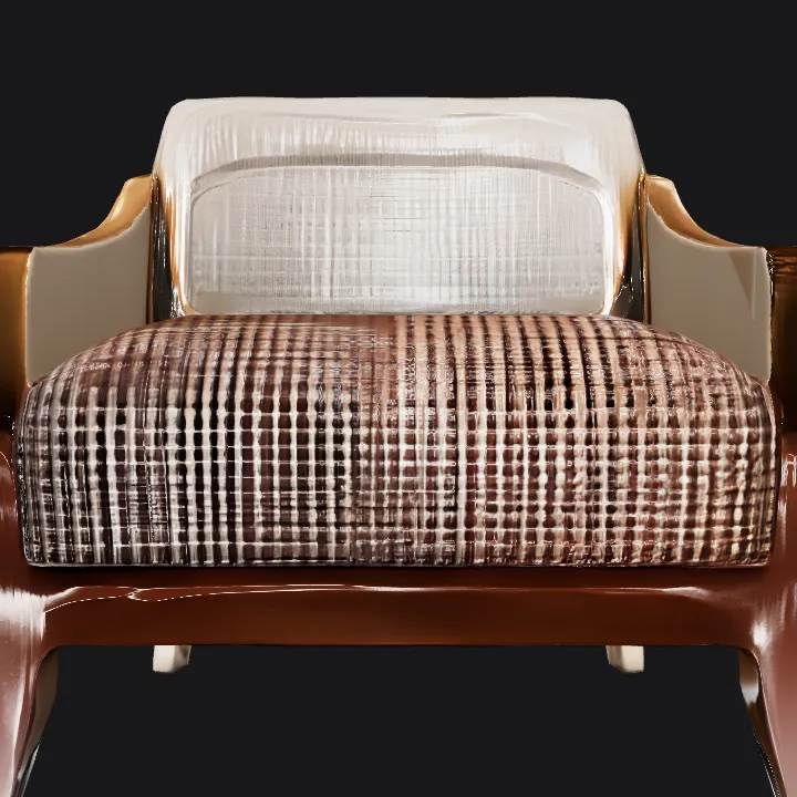 Wooden armchair with cushion. smooth edges, complex geometry, symmetric geometry.