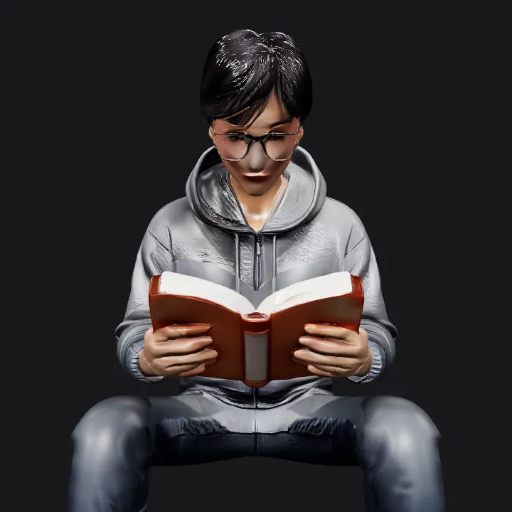 person reading a book. smooth edges, complex geometry, character.