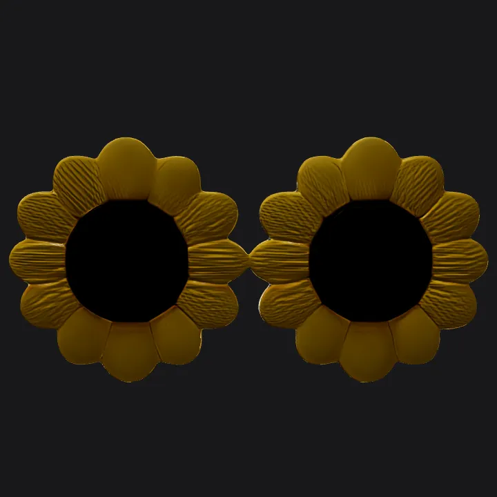 A pair of sunflower-shaped sunglasses. sharp edges, smooth edges, simple geometry, symmetric geometry.