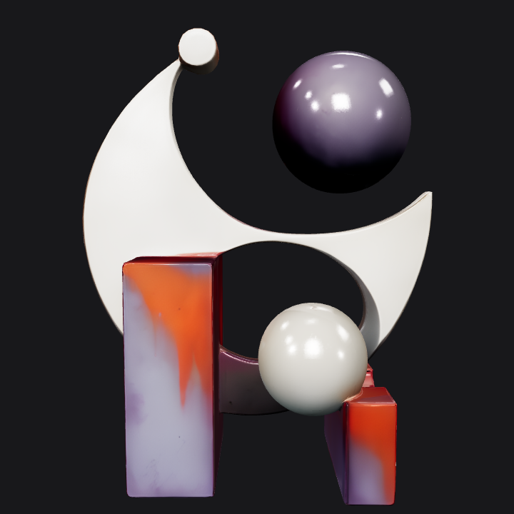 Abstract geometric sculpture with spheres and blocks. sharp edges, smooth edges, simple geometry.