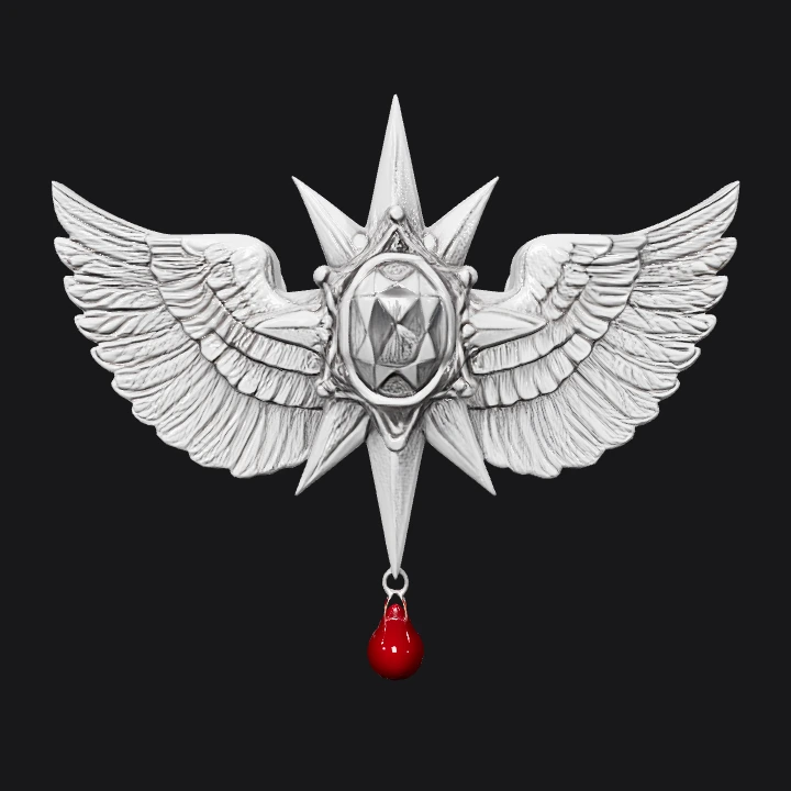 winged star badge with gemstone. sharp edges, complex geometry, symmetric geometry.