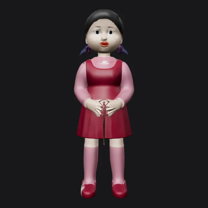 girl in red dress standing sideways. smooth edges, simple geometry, character, symmetric geometry.