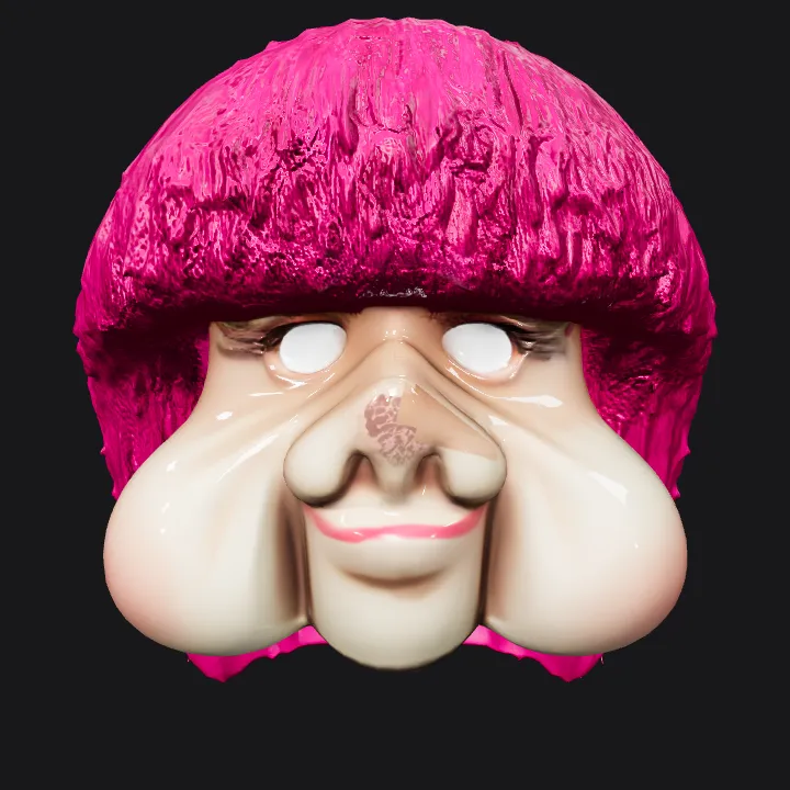 Cartoonish face mask with pink hair. smooth edges, complex geometry, character, symmetric geometry.