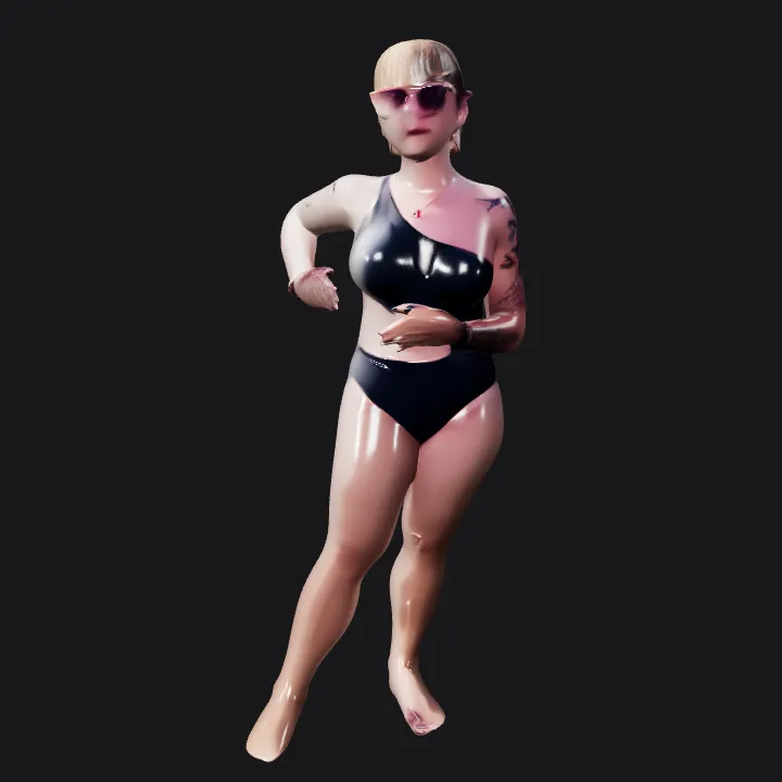 Person in swimsuit standing on beach. smooth edges, complex geometry, character.