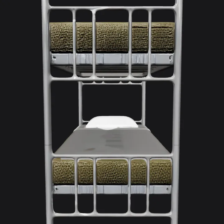 metal bunk bed with two mattresses. sharp edges, simple geometry, game-ready, symmetric geometry.