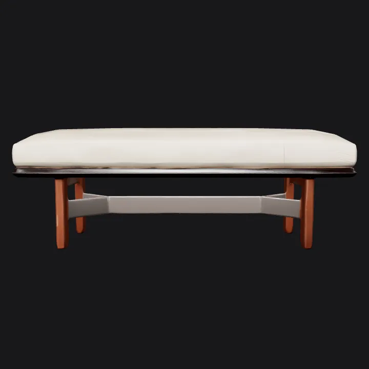 modern wooden bench with cushion. smooth edges, simple geometry, symmetric geometry.