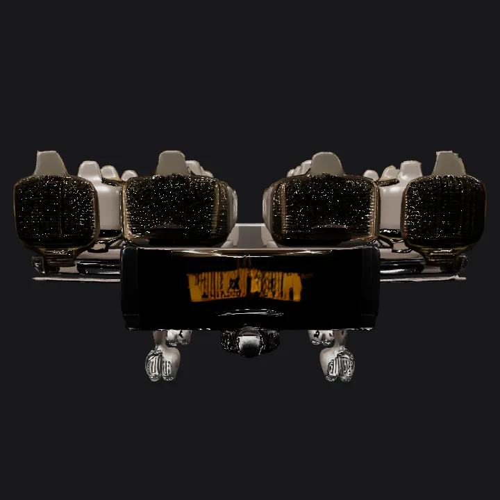 Amusement park ride seats in a row. complex geometry, sharp edges, symmetric geometry.