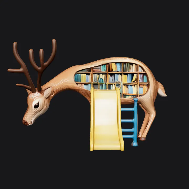 Deer-shaped bookshelf with a slide and ladder. complex geometry, sharp edges, character.