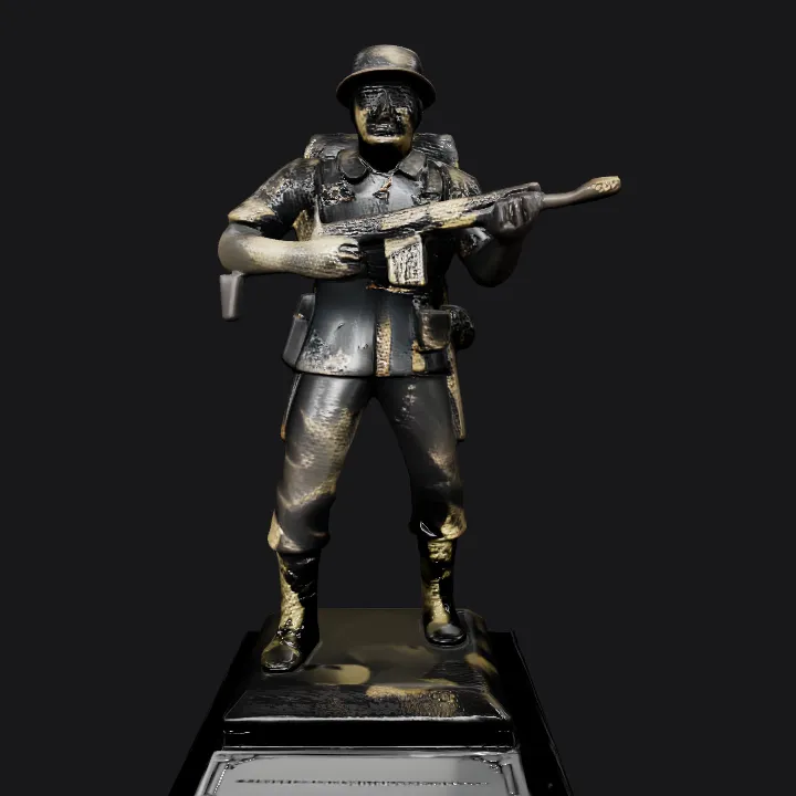 statue of a soldier with a rifle. complex geometry, sharp edges, character.