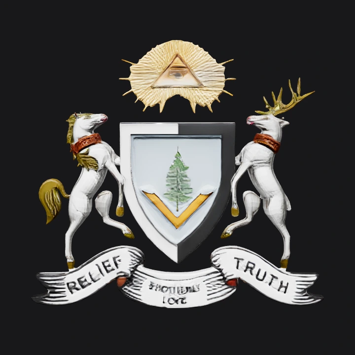 fraternal coat of arms with animals and symbols. sharp edges, complex geometry, symmetric geometry.