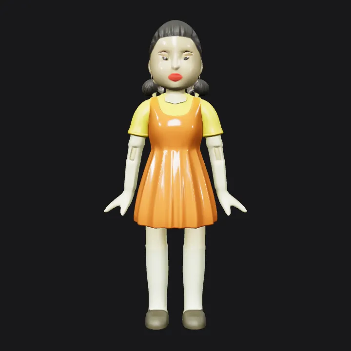 child doll wearing orange dress. smooth edges, simple geometry, character, symmetric geometry.