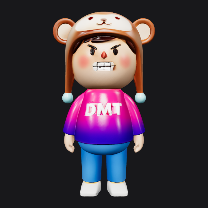 Cartoon person in a bear hat. smooth edges, simple geometry, game-ready, character, symmetric geometry.