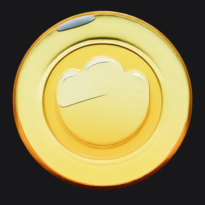 Round golden coin with cloud engraving. smooth edges, simple geometry, game-ready, symmetric geometry.