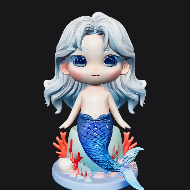 Chibi mermaid figurine with colorful tail. smooth edges, complex geometry, game-ready, character, symmetric geometry.