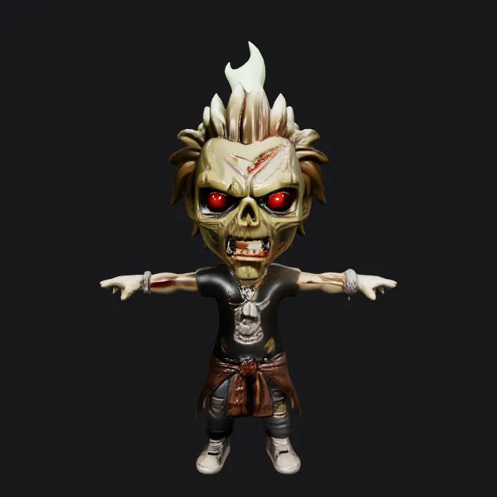 Zombie punk character with flaming hair. complex geometry, sharp edges, game-ready, character, symmetric geometry.
