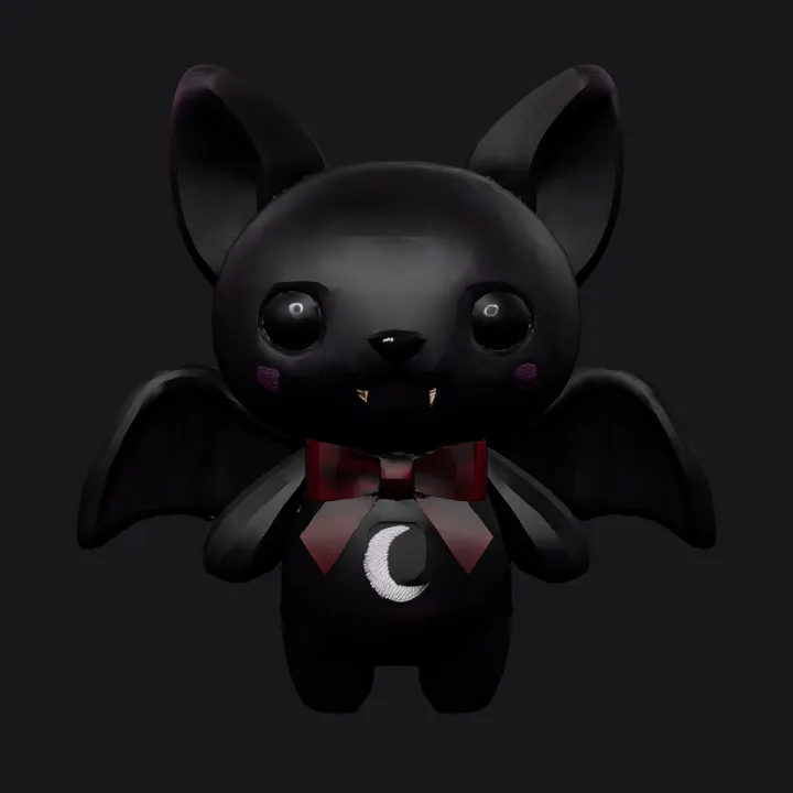 Plush bat toy with bow and moon emblem. smooth edges, simple geometry, game-ready, symmetric geometry.