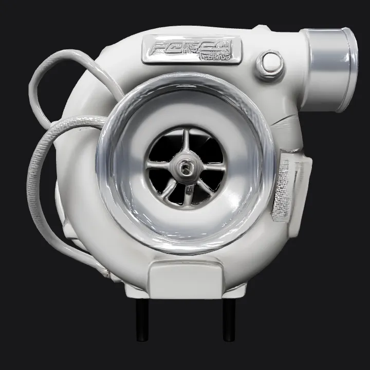Automotive turbocharger for engine boost. sharp edges, smooth edges, complex geometry, game-ready, symmetric geometry.