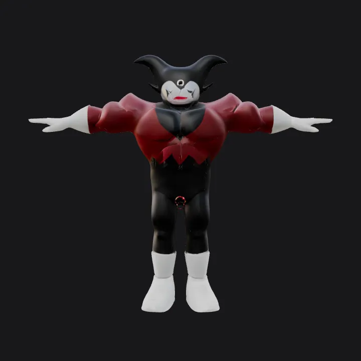 Cartoon jester character in T-pose. simple geometry, game-ready, character, symmetric geometry.