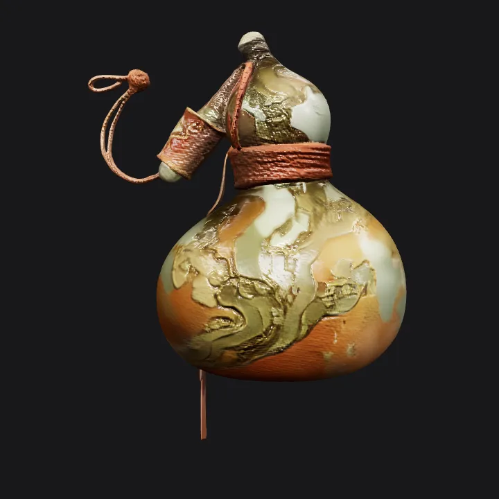 Ornate carved gourd bottle with rope handle. complex geometry, smooth edges.