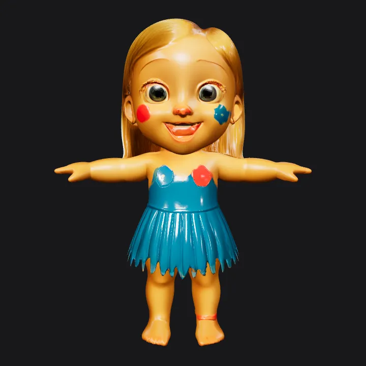 Doll with blue dress and flowers. smooth edges, simple geometry, character.