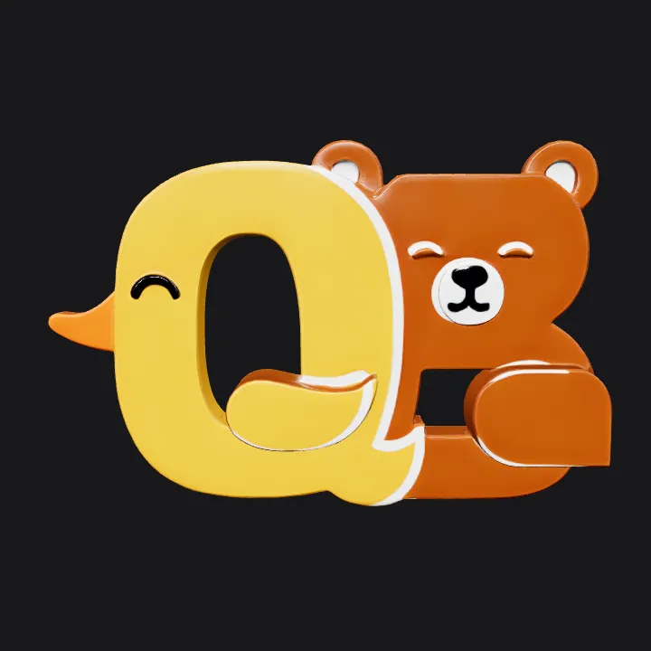 Duck and bear cartoon with letter Q. smooth edges, simple geometry, game-ready, character.