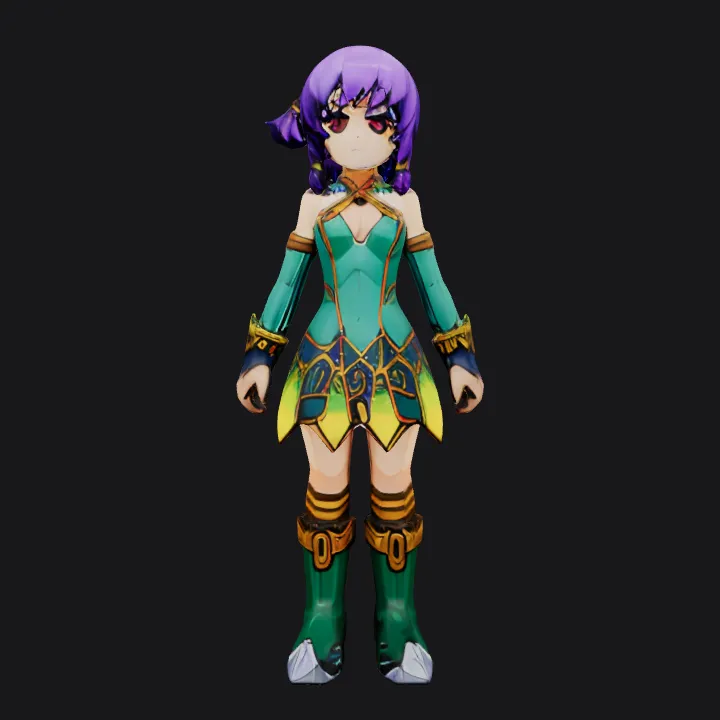 Anime-style female mage character. sharp edges, complex geometry, game-ready, character, symmetric geometry.