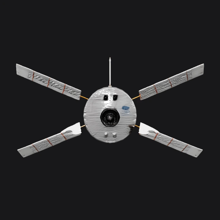 a space satellite with solar panels extended. sharp edges, complex geometry, symmetric geometry.