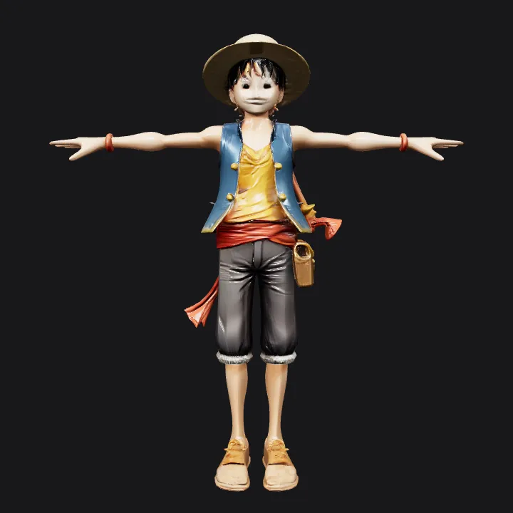 Anime boy in straw hat and vest. smooth edges, complex geometry, game-ready, character, symmetric geometry.