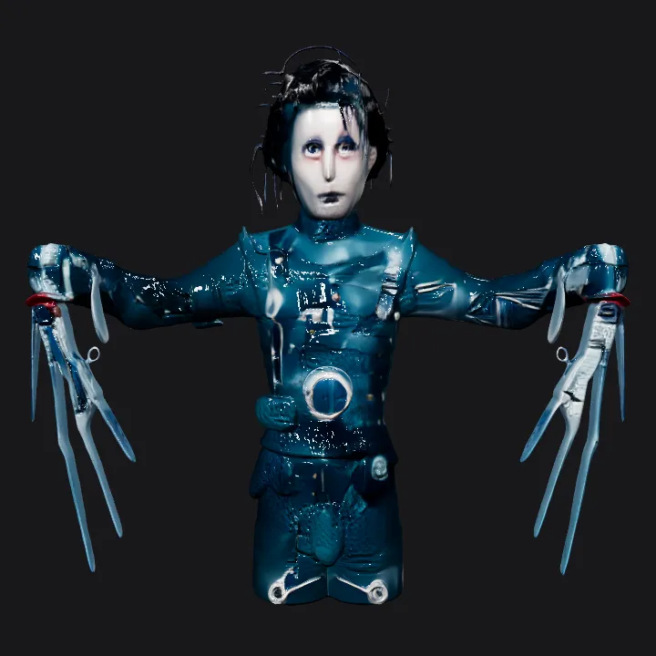 person with scissor hands in dark costume. complex geometry, sharp edges, character.